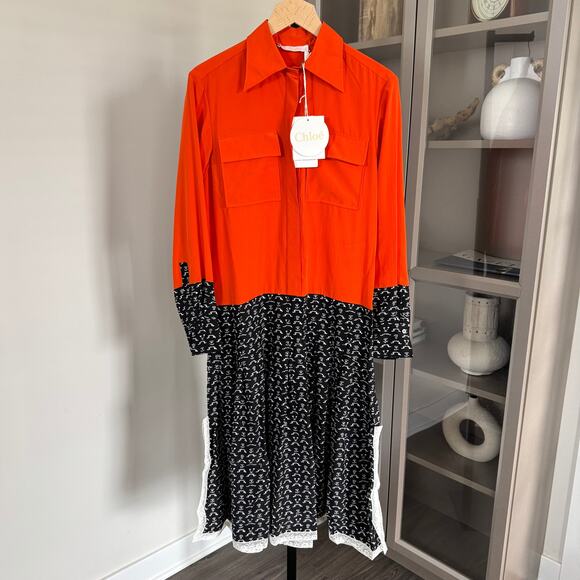 Chloe Folk Orange Silk Midi Shirt Dress 38 NEW De Chine Cravat Floral White Lace - Picture 2 of 7